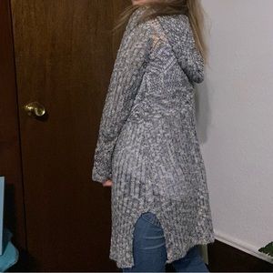 It’s our time grey sheer cardigan with hood